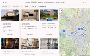 Immobiliensuche der eleganten Portfolio Webseite mit Kartenansicht.