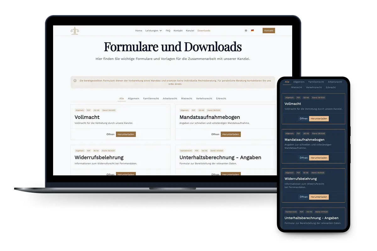 Die Downloadseite auf der Kanzleiseite