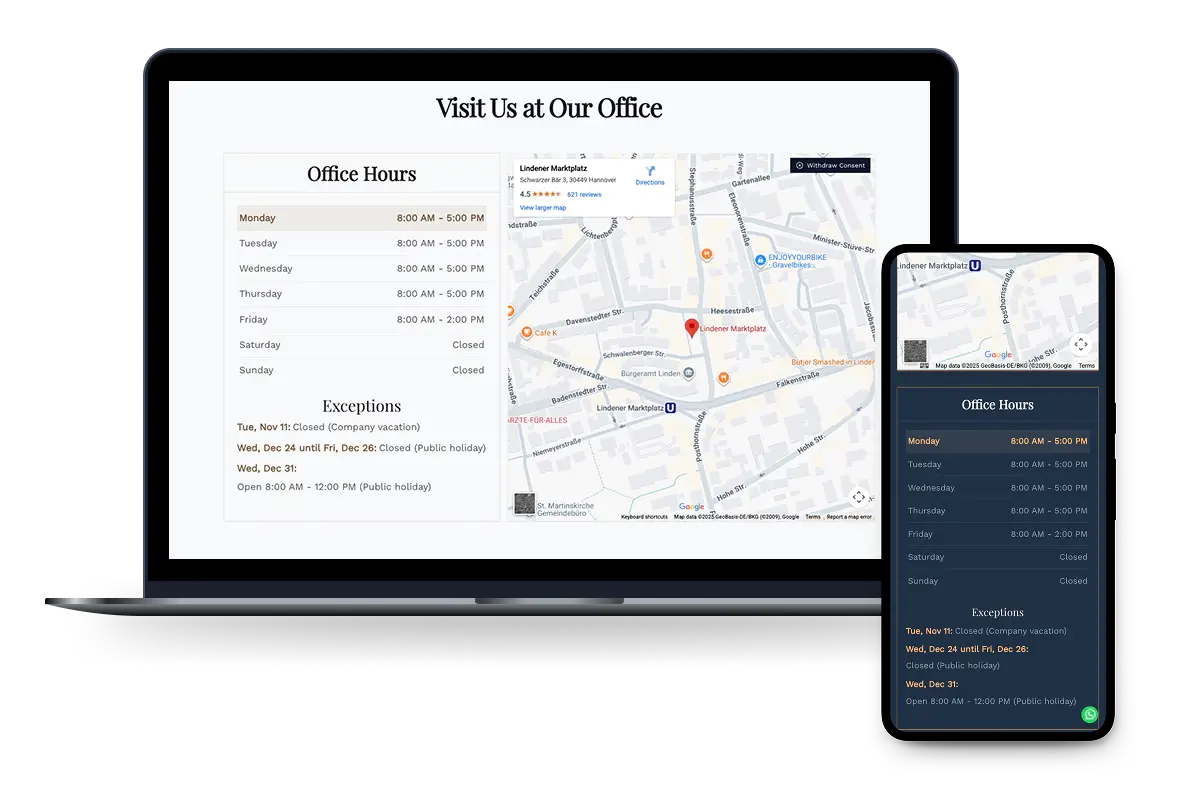 Opening hours with Google Maps on the law firm website